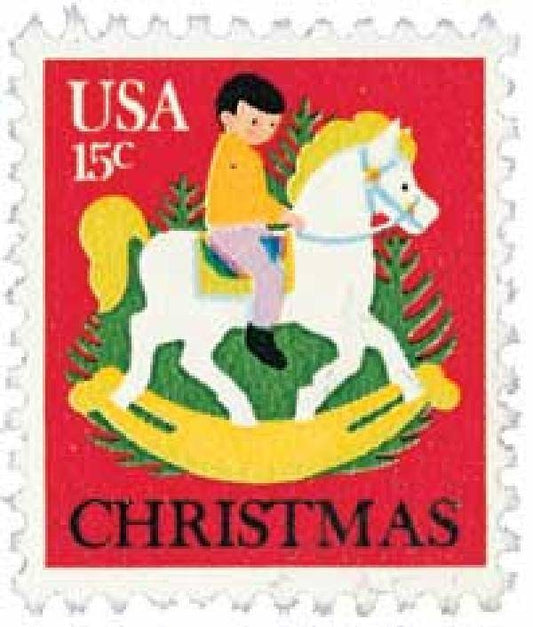 Ten (10) vintage Christmas postage stamps - Child on a rocking horse // 15 cent stamps // Face value 1.50