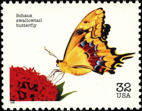 Five (5) vintage unused postage stamps - Schaus swallowtail butterfly (endangered species) // 32 cent stamps // Face value 1.60