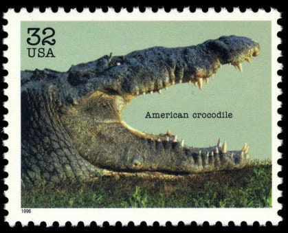 Five (5) vintage unused postage stamps - American crocodile (endangered species) // 32 cent stamps // Face value 1.60