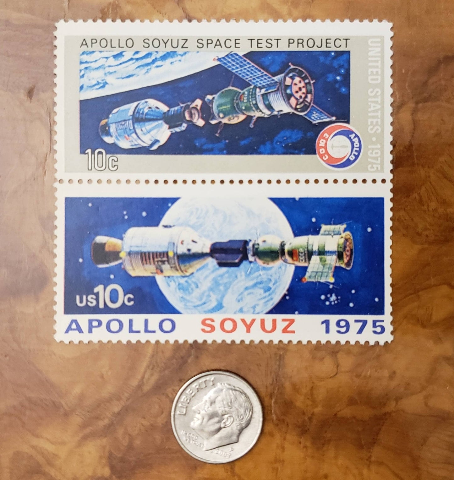 Two (2) vintage unused postage stamps - Apollo Soyuz oversized stamps // 10 cent stamps // Face value 0.20