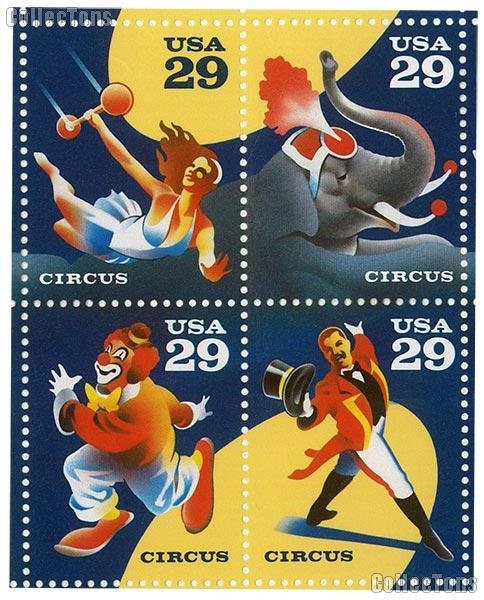 Four (4) vintage unused postage stamps - Circus // 29 cent stamps // Face value 1.16