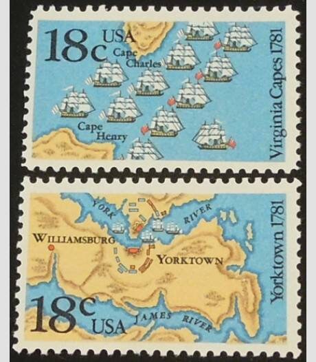 Two (2) unused vintage postage stamps - Virginia Capes, 1781 // 18 cent stamps // Face value 0.36