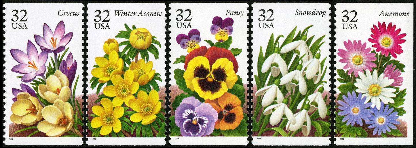 Five (5) vintage unused postage stamps - Winter garden flowers // 32 cent stamps // Face value 1.60