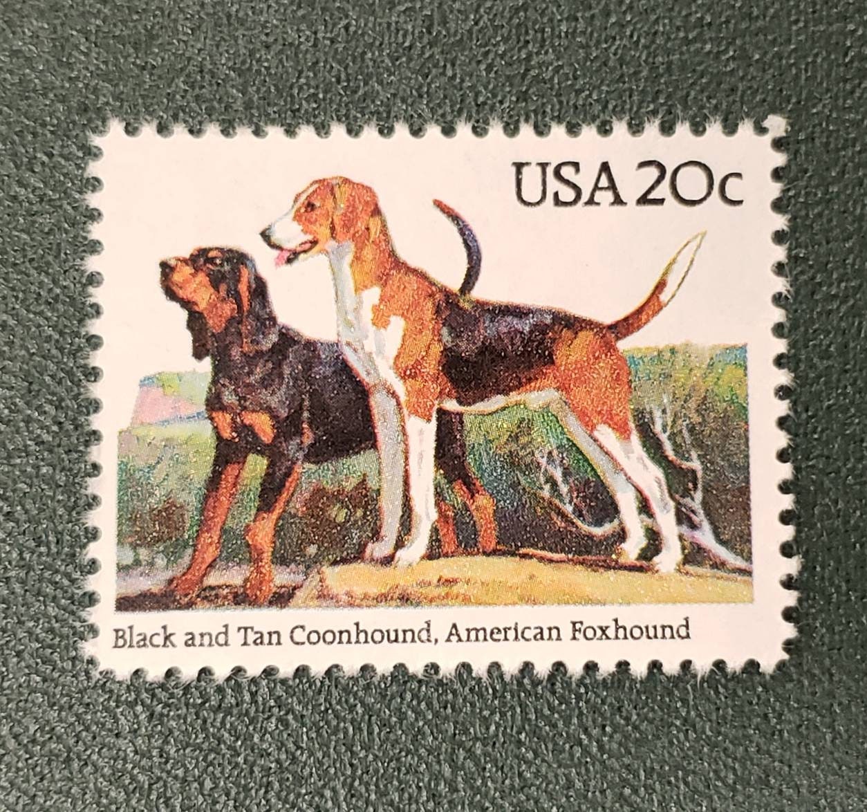 Five (5) vintage unused postage stamps - Dogs - Black and tan coonhound, American fox hound // 20 cent stamps // Face value 1.00