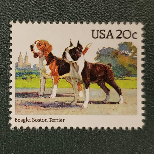 One (1) vintage unused postage stamps - Dogs: Beagle, Boston Terrier // 20 cent stamp