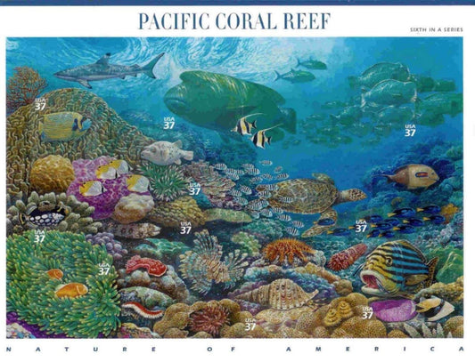 Ten (10) postage stamps - Pacific Coral Reef (6th Nature of America sheet) // 37 cent stamps // Face value 3.70 dollars