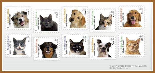 Ten (10) unused US postage stamps - Adopt a shelter pet // 44 cent stamps // Face value 4.44