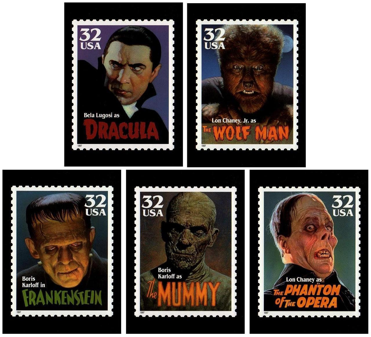 Five (5) vintage unused postage stamps - Movie monsters (5 designs) // 32 cent stamps // Face value 1.60