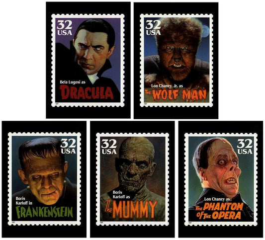 Five (5) vintage unused postage stamps - Movie monsters (5 designs) // 32 cent stamps // Face value 1.60