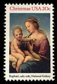 Five (5) vintage unused Christmas postage stamps - Rafael, Madonna and Child // 20 cent stamps // Face value 1.00