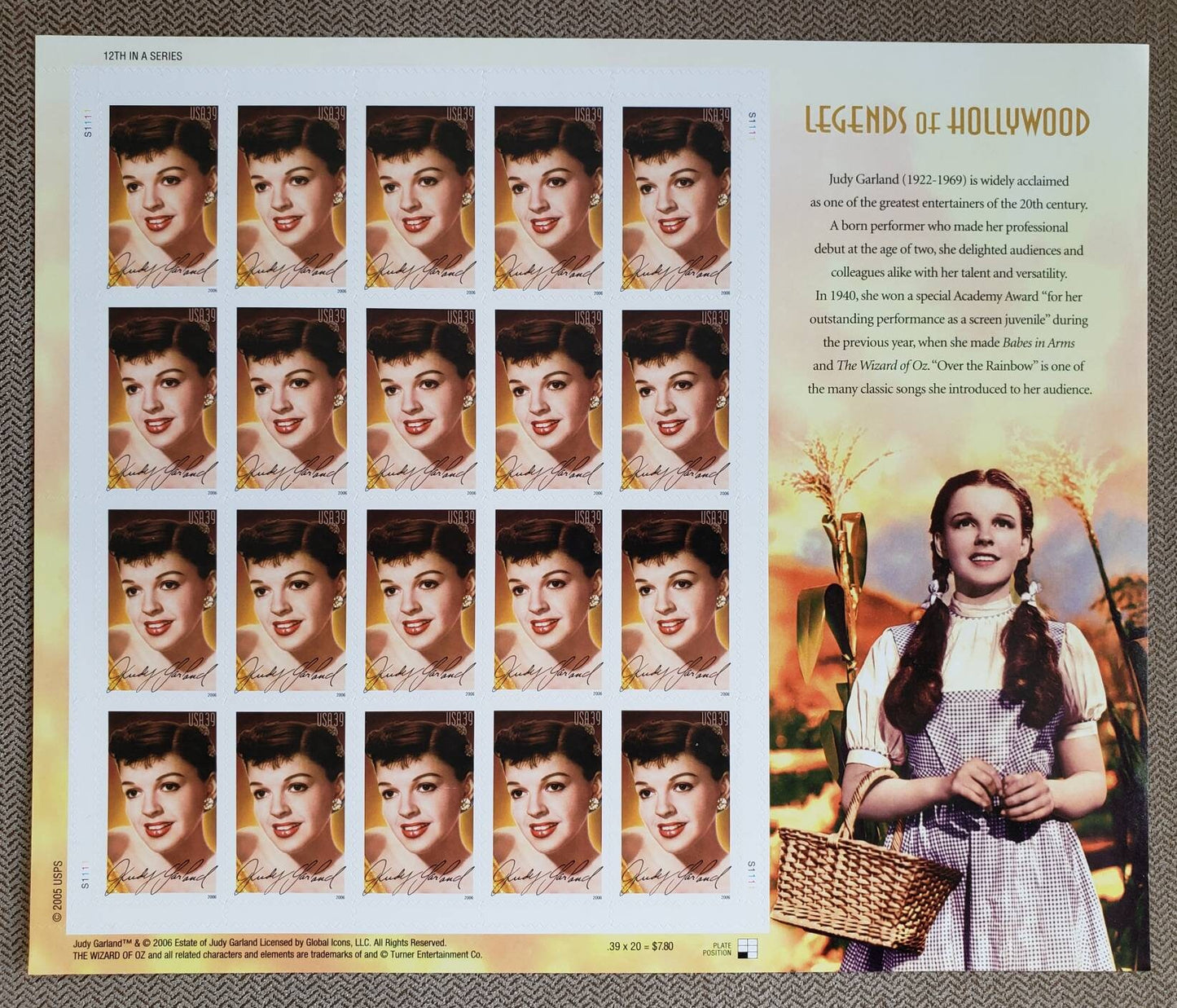 Twenty (20) unused postage stamps - Judy Garland (sheet) // 39 cent stamps // Face value 7.80