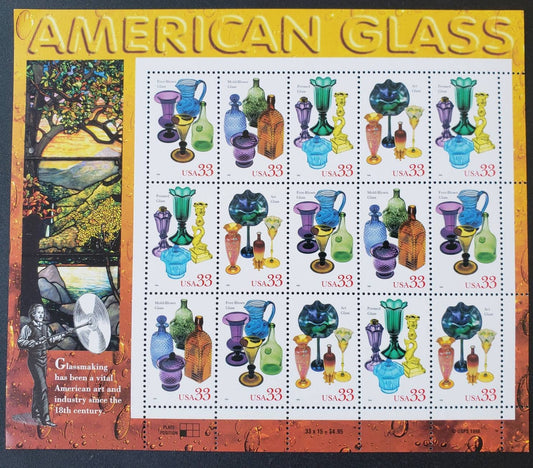 Fifteen (15) unused postage stamps - American Glass (sheet) // 33 cent stamps // Face value 4.95