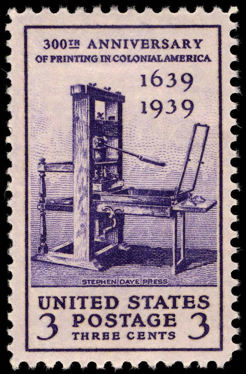 Five (5) vintage unused postage stamps - First Printing Press in America // 3 cents stamps