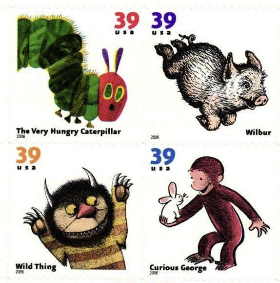 Sixteen (16) unused postage stamps - Favorite children's book animals (sheet) // 39 cent stamps // Face value 6.24