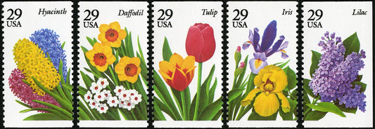 Five (5) vintage unused postage stamps - Spring garden flowers // 29 cent stamp booklets // Face value 1.45