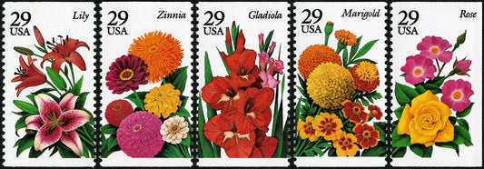 Five (5) vintage unused postage stamps - Summer garden flowers // 29 cent stamps // Face value 1.45