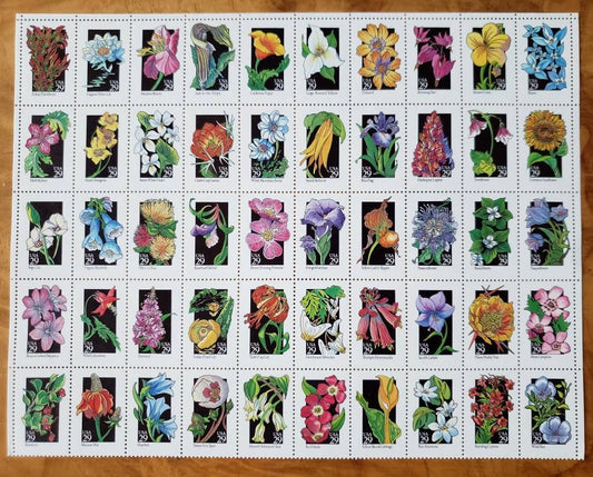 Fifty (50) vintage unused postage stamps - Wildflowers (sheet) // 29 cent stamps // Face value 14.50