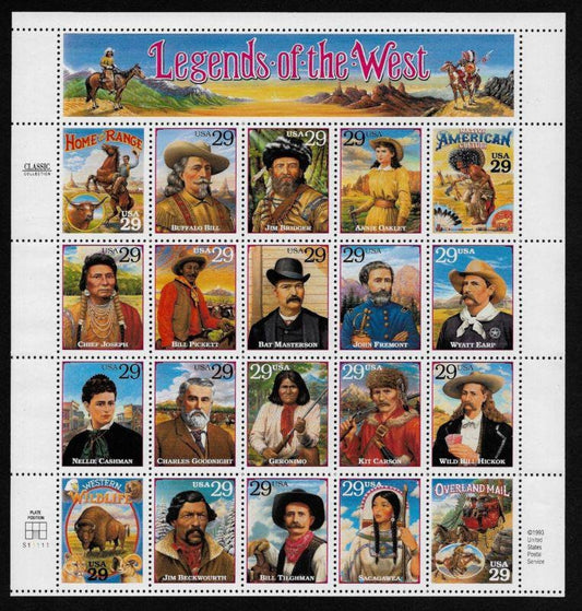 Twenty (20) vintage unused postage stamps - Legends of the West (sheet) // 29 cent stamps // Face value 5.80