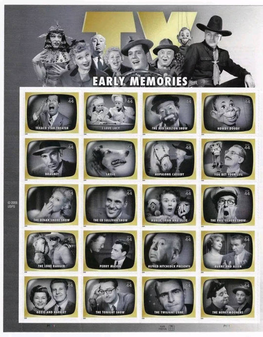 Twenty (20) postage stamps - Early TV Memories (sheet) // 44 cent stamps // Face value 8.80