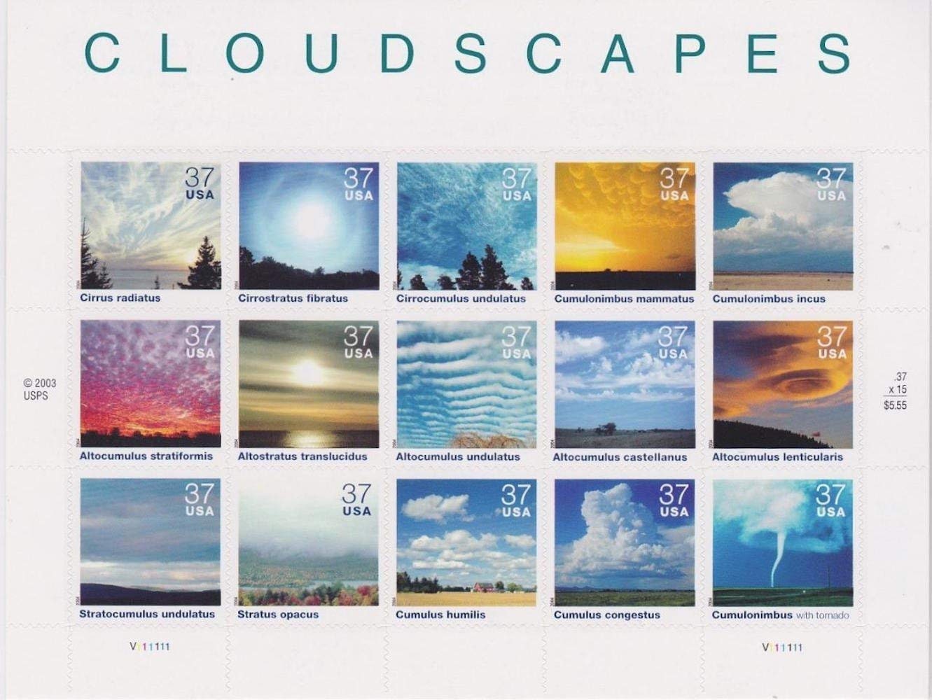 Fifteen (15) unused postage stamps - Cloudscapes (sheet) // 37 cent stamps // Face value 5.55