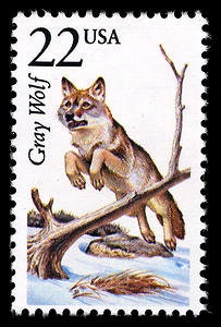 Five (5) vintage unused postage stamps - North American Wildlife, Grey Wolf // 22 cent stamps // Face value 1.10