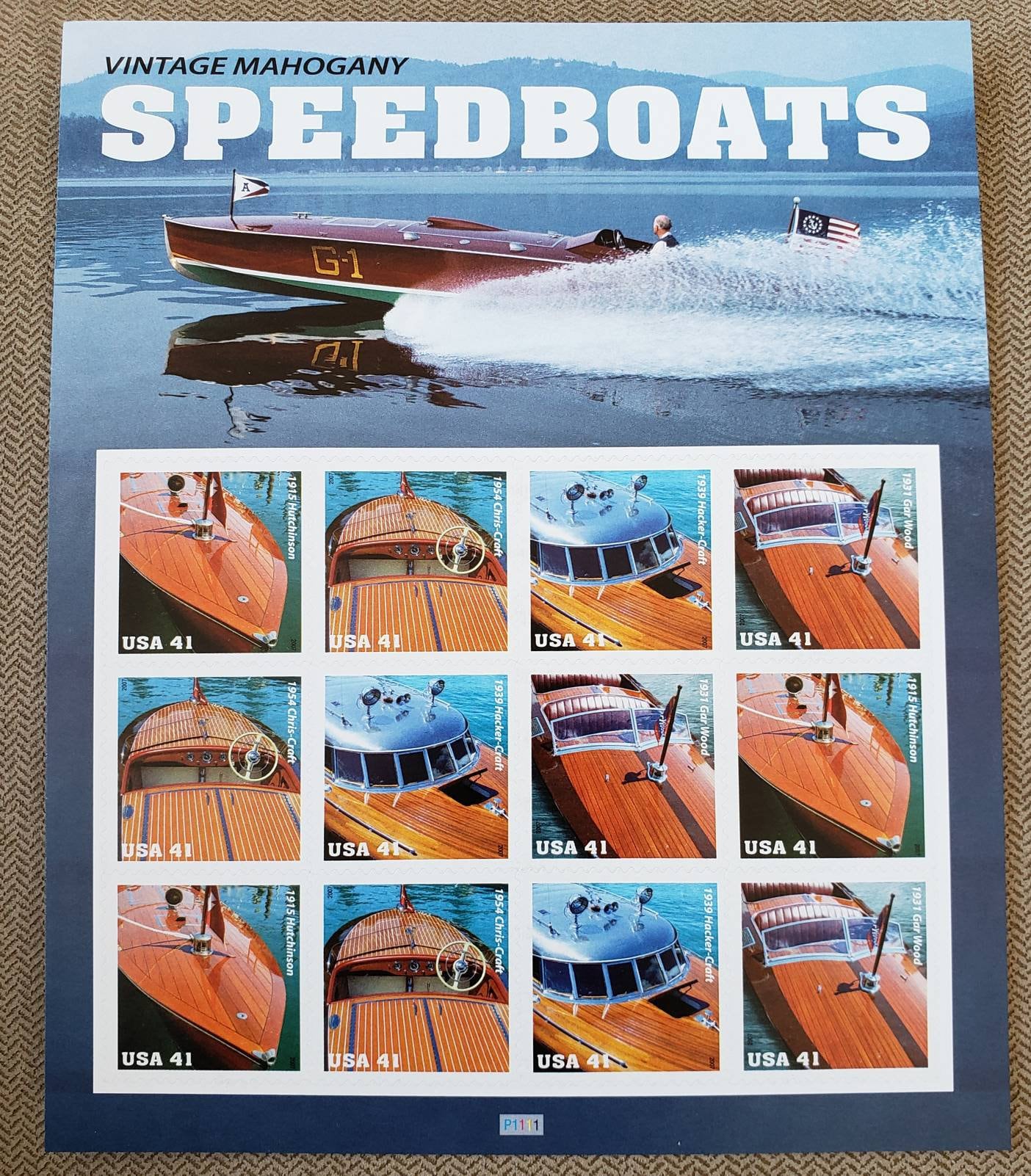 Twelve (12) unused postage stamps - Vintage Mahogany Speedboats (sheet) // 41 cent stamps // Face value 4.92