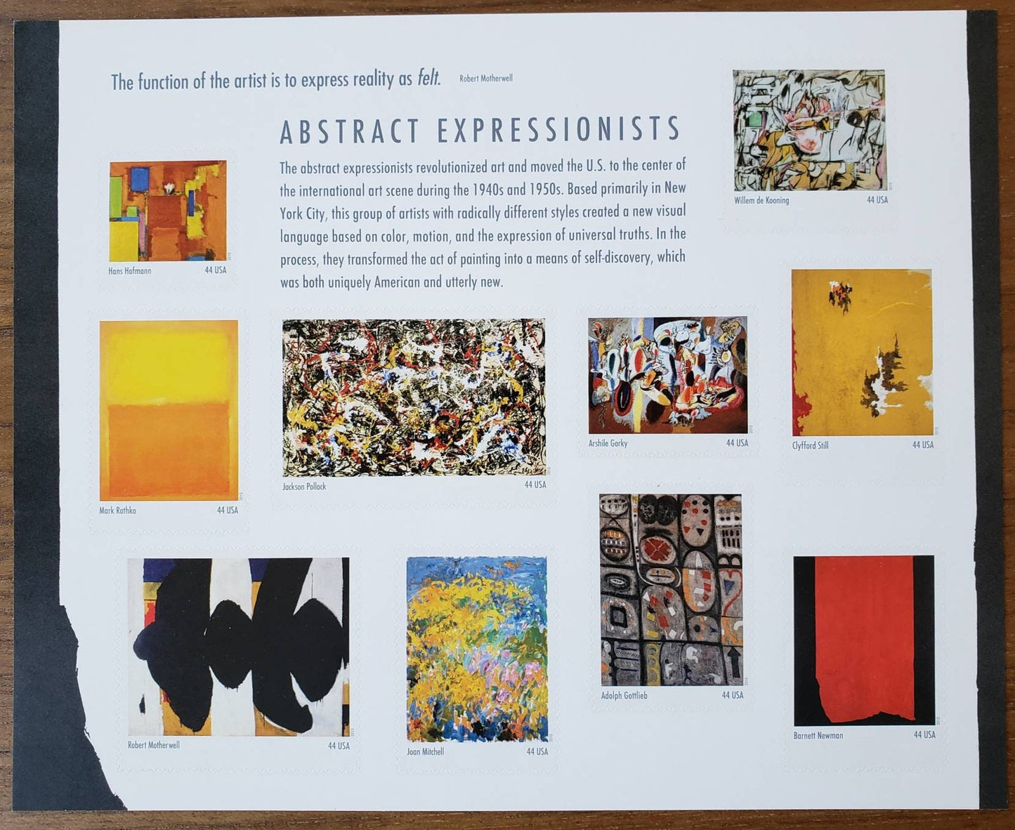 Abstract Expressionists stamp sheet // 44 cent stamps // Face value 4.40