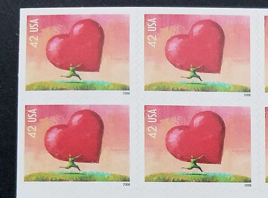 Five (5) unused stamps - Hearts // 42 cent stamps // Face value 4.20