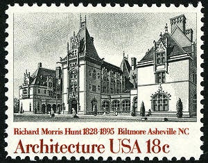 Five (5) vintage unused postage stamps - Architecture: Richard Morris Hunt, Biltmore Asheville NC // 18 cent stamps // Face value 0.90