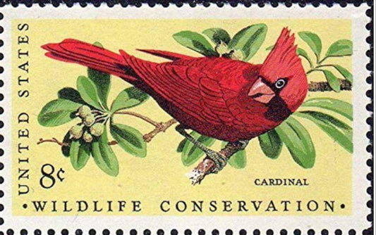 Five (5) vintage unused postage stamps - Red cardinal, wildlife conservation // 8 cent stamps // Face value 0.40