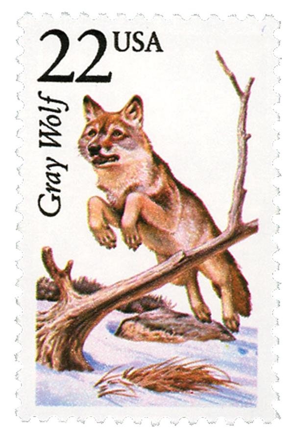 Five (5) vintage unused postage stamps - North American Wildlife, Grey Wolf // 22 cent stamps // Face value 1.10