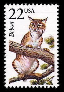 Five (5) vintage unused postage stamps - North American Wildlife, Bobcat // 22 cent stamps // Face value 1.10