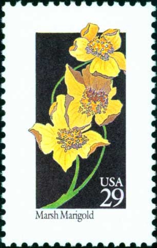 Five (5) vintage unused postage stamps - Wildflowers - Marsh Marigold // 29 cent stamps // Face value 1.45