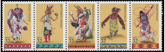 Five (5) vintage unused postage stamps - American Indian dances // 32 cent stamps // Face value 1.60