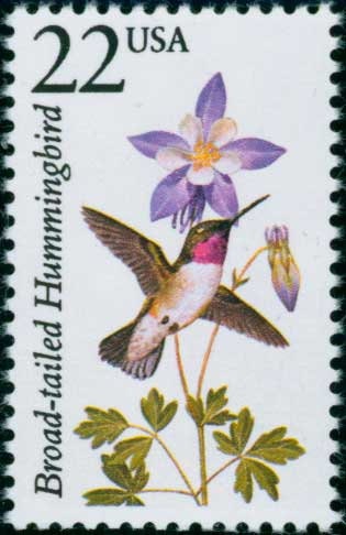 Five (5) vintage unused postage stamps - North American Wildlife, Broad-tailed Hummingbird // 22 cent stamps // Face value 1.10