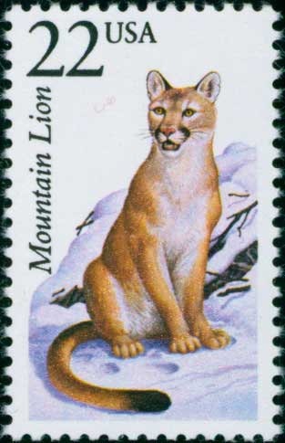 Five (5) vintage unused postage stamps - North American Wildlife, Mountain Lion // 22 cent stamps // Face value 1.10