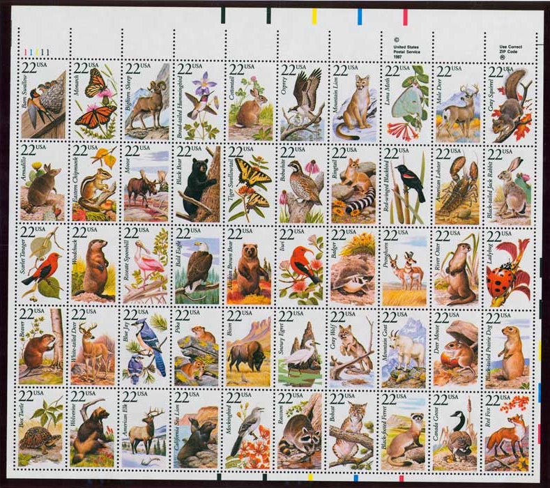 Fifty (50) vintage unused postage stamps - North American Wildlife (sheet) // 22 cent stamps // Face value 11.00