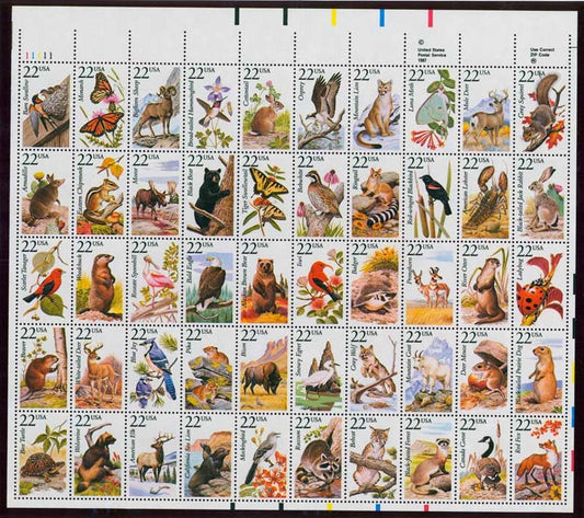 Fifty (50) vintage unused postage stamps - North American Wildlife (sheet) // 22 cent stamps // Face value 11.00