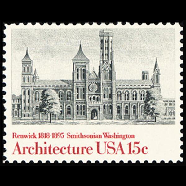 Five (5) vintage unused postage stamps - Architecture: The Smithsonian // 15 cent stamps // Face value 0.75