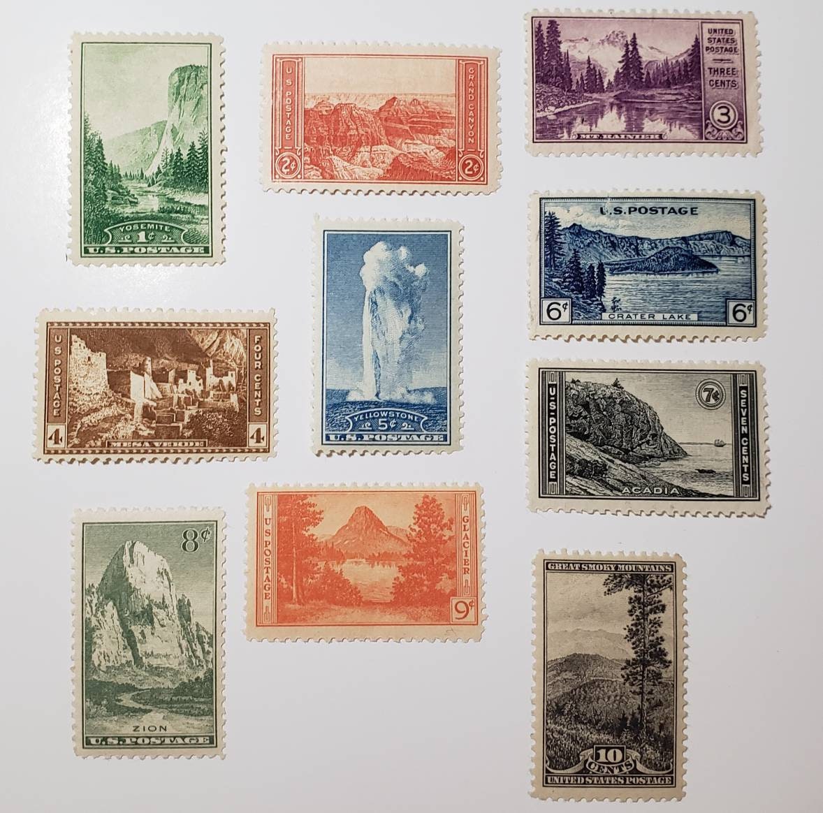 Ten (10) vintage unused postage stamps - National Parks, 1934 // face value 0.55