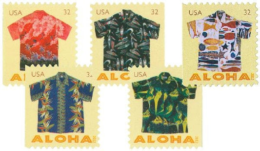 Five 5 vintage unused postage stamps - Aloha shirts / Hawaiian shirts // 32 cents // Face value 1.60