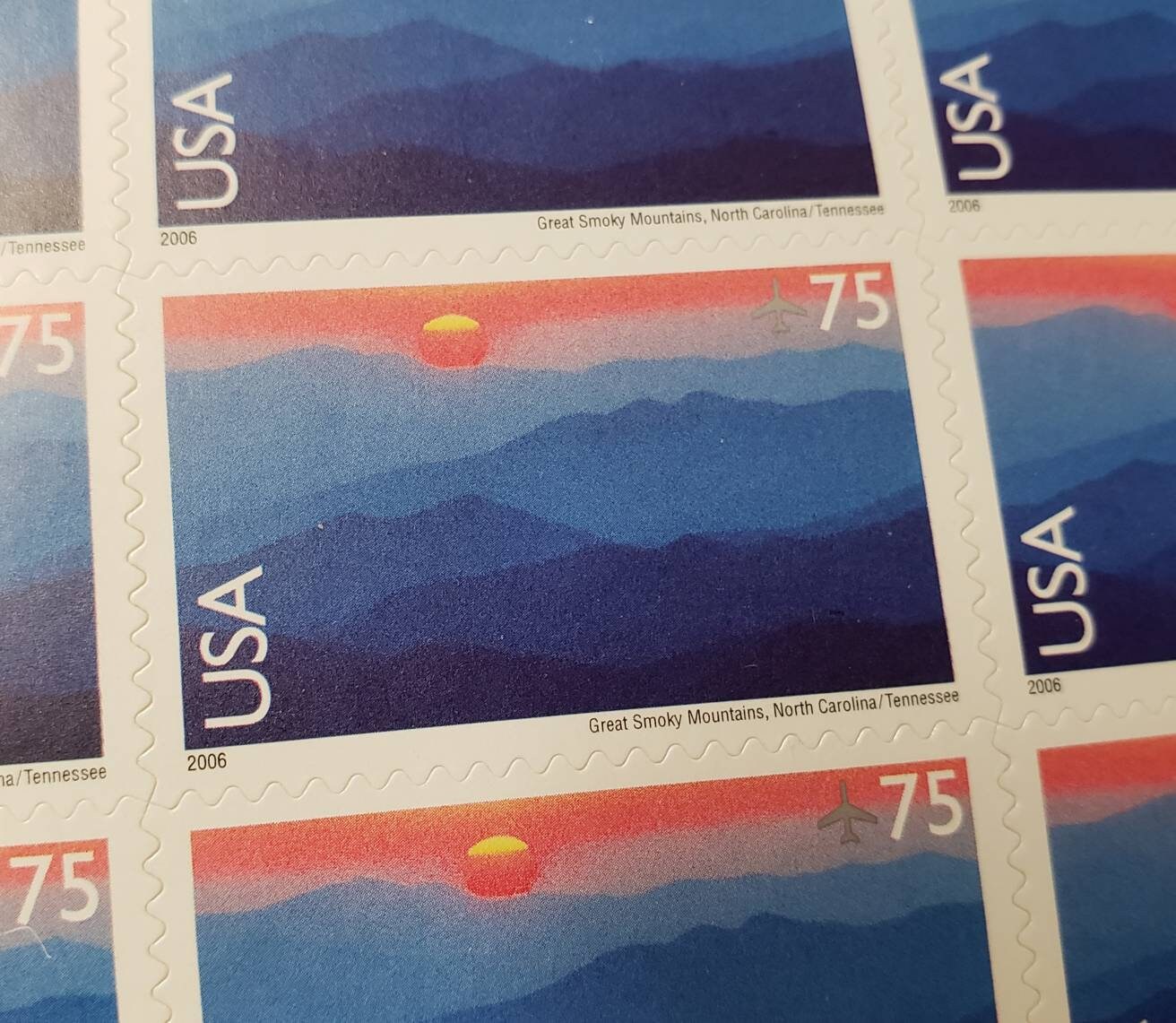 Five (5) unused postage stamps - Air mail: Great Smoky Mountains // 75 cent stamps // Face value 3.75