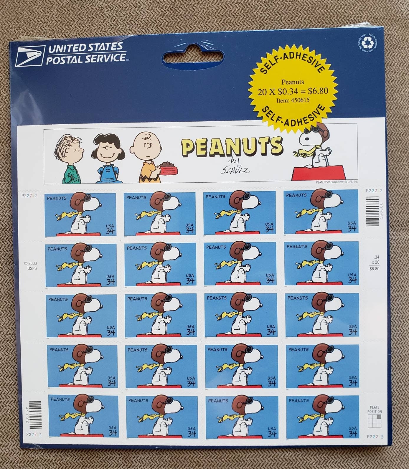 Twenty (20) unused postage stamps - Snoopy (Peanuts), full sheet// 34 cent stamps // Face value 6.80