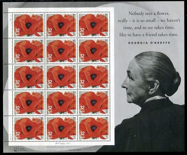 Fifteen (15) unused flower postage stamps - Georgia O'Keefe poppy (sheet) // 32 cent stamps // Face value 4.80