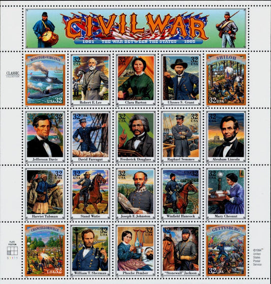 Twenty (20) vintage unused postage stamps - Civil War (sheet) // 32 cent stamps // Face value 6.40