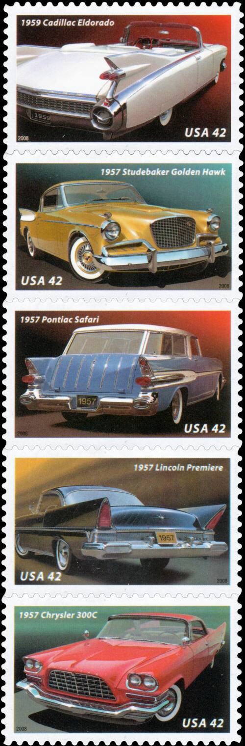 Five (5) unused postage stamps - America on the move: Fins and Chrome // 42 cent stamps // Face value 2.10