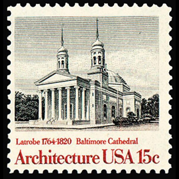 Five (5) vintage unused postage stamps - Architecture - Baltimore Cathedral // 15 cent stamps // Face value 0.75