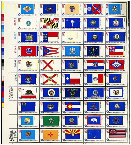 Fifty (50) vintage unused postage stamps - State flags, bicentennial // 13 cent stamps // face value 6.50