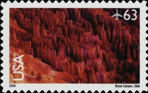 Five (5) unused postage stamps - Air mail: landscape, Bryce Canyon, Utah // 63 cent stamps // Face value 3.15