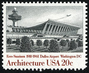 Five (5) vintage unused postage stamps - Architecture - Eero Saarinen, Dulles International Airport // 20 cent stamps // Face value 1.00